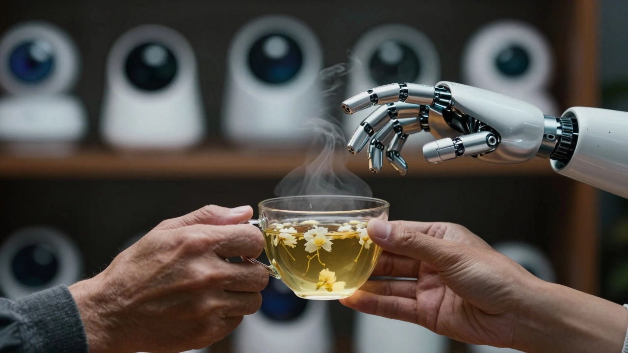 A human hand offers tea to a robotic hand that hesitates, symbolizing the failure of machines to replicate genuine connection.