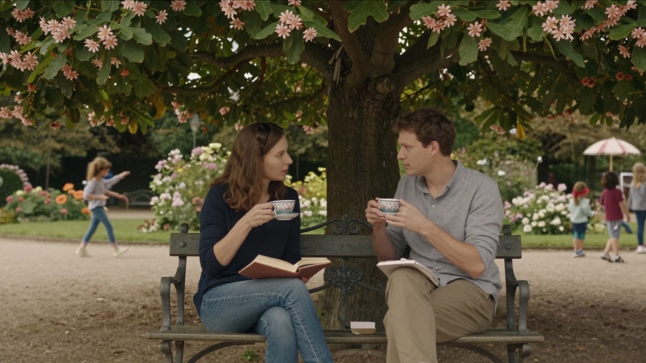 A peaceful moment in Luxembourg Gardens with two people sharing tea and quiet companionship.