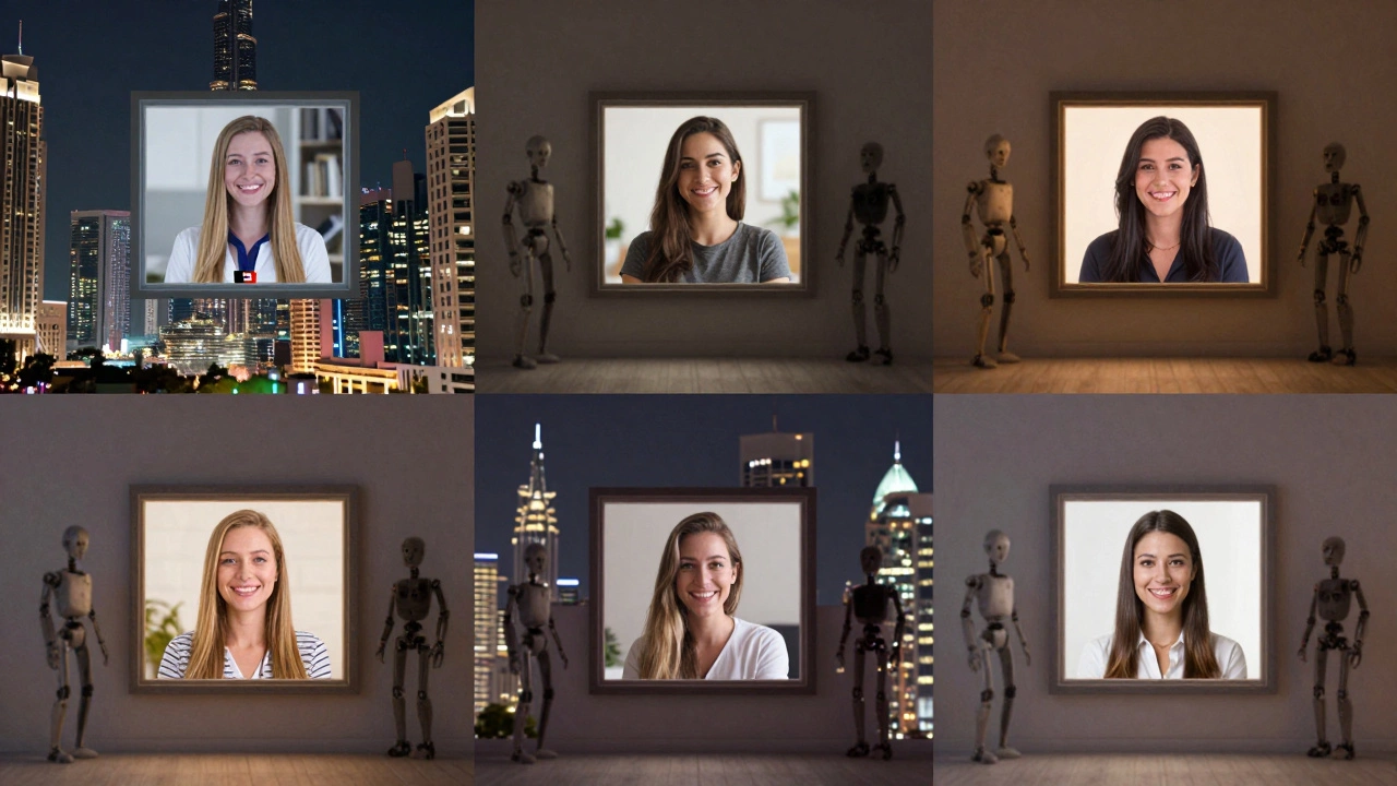 Global city windows show human sex workers in video calls, while lifeless robots stand unused in the shadows.