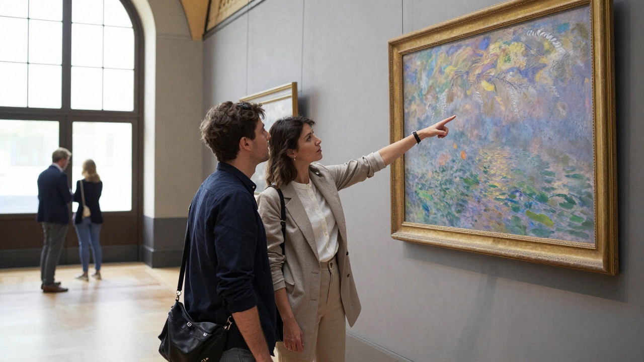 Two people admire a Monet painting in the serene Musée d’Orsay, lost in quiet conversation.